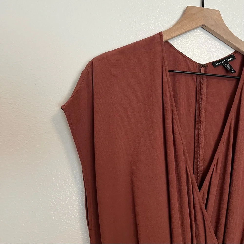 Eileen Fisher -Crepe Ruset Cap Sleeve Drawstring Wide Leg Crop Jumpsuit - Large - Picture 4 of 16